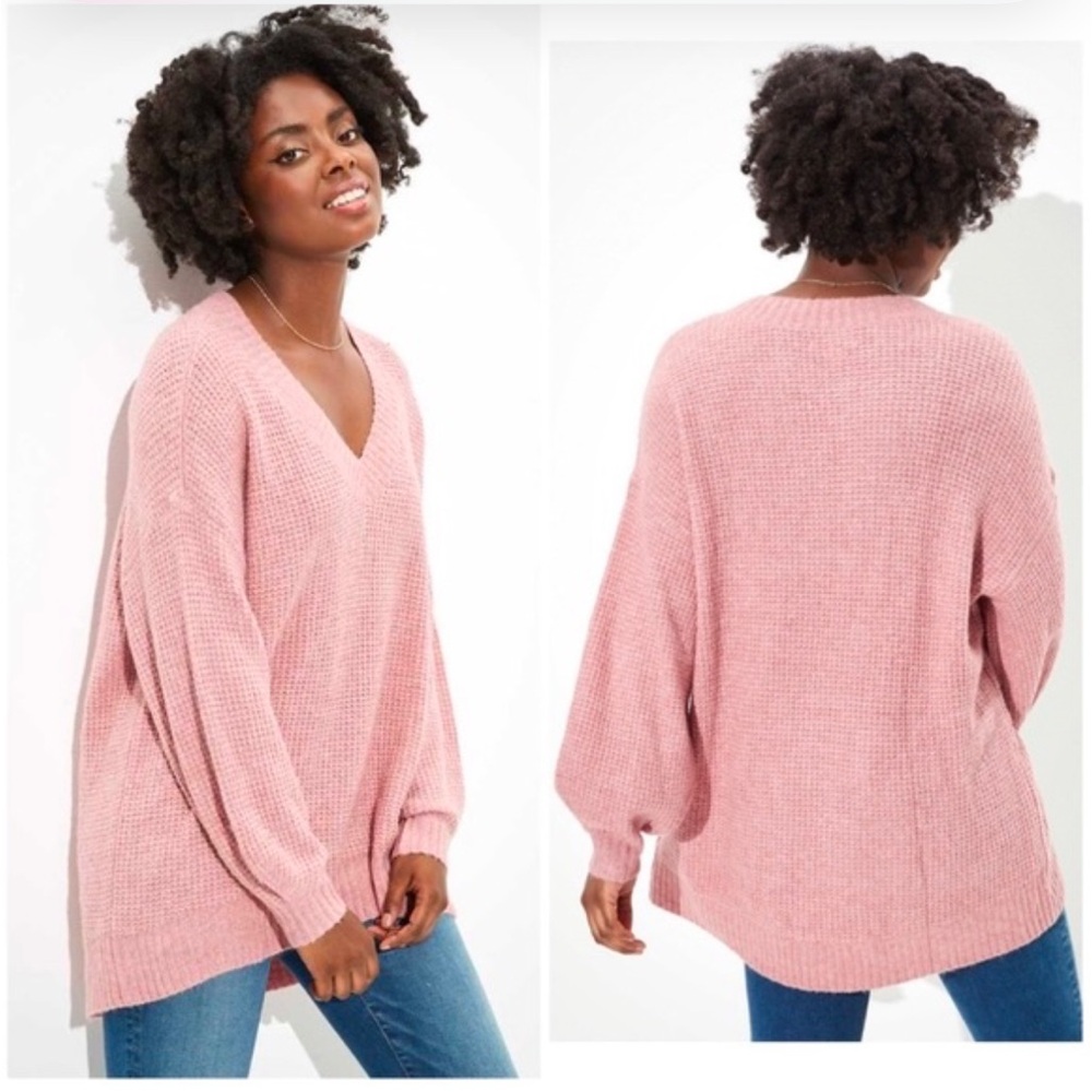 American eagle Vneck waffle kn oversized sweater